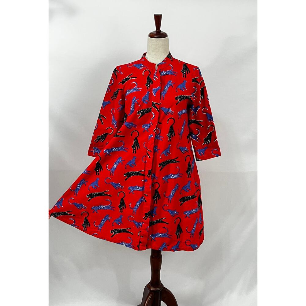 ZURI Kenya Sz XS Red Blue Black Cats Meow Print 3/4 Sleeve Shirt Dress